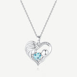 Mother and Child Love Heart Necklace in Sterling Silver with Aquamarine