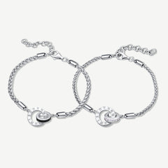 FANCIME "Roman Time" Interlocking Circle Couples Sterling Silver Wheat Chain Bracelets