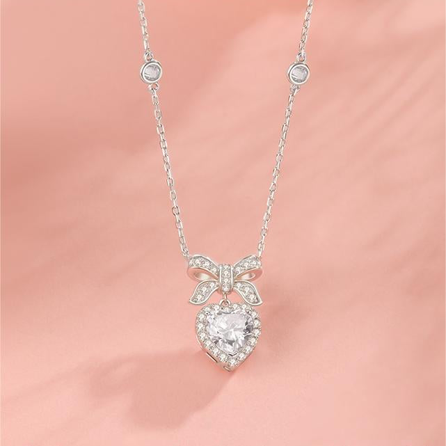 FANCIME "Heart Kiss" Sugar Bow and Heart CZ Sterling Silver Necklace