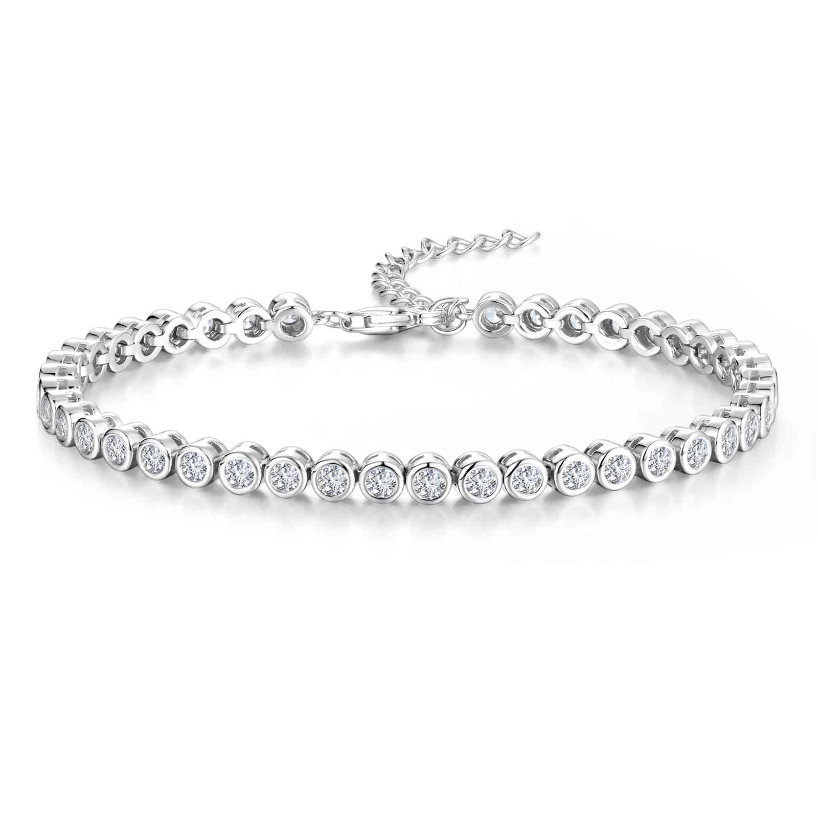 FANCIME "Orbit" Classic Sterling Silver Bezel Set Tennis Bracelet Adjustable Chain