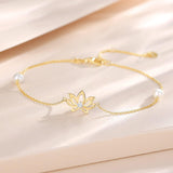 14K 黃金蓮花手鍊，配有4MM淡水珍珠，豪華可調節手鍊，精緻珠寶