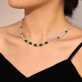 "Glamour Radiance" May Birthstone Fancy Cut Emerald Sterling Silver Tennis Necklace