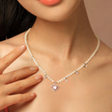 Pink Guardian Heart Silver Necklace With Pearl Chain