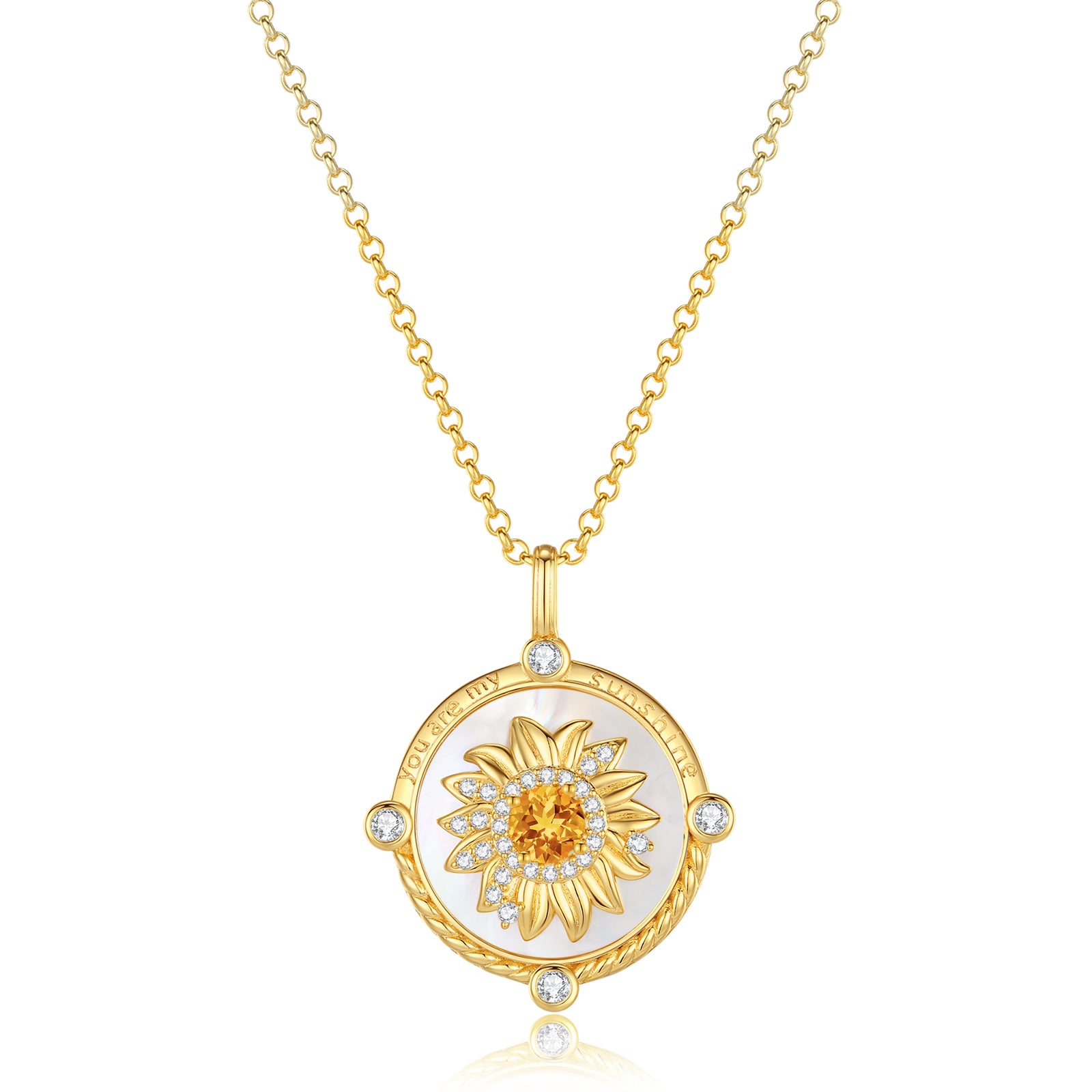 FANCIME "My Sunshine" Sunflower Mother of pearl Citrine Birthstone Rotatable Sterling Silver Necklace