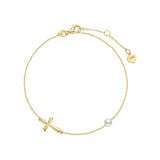 14K Solid Yellow Gold Sideways Cross Bracelet with Pear Link Adjustable Fine Jewelry