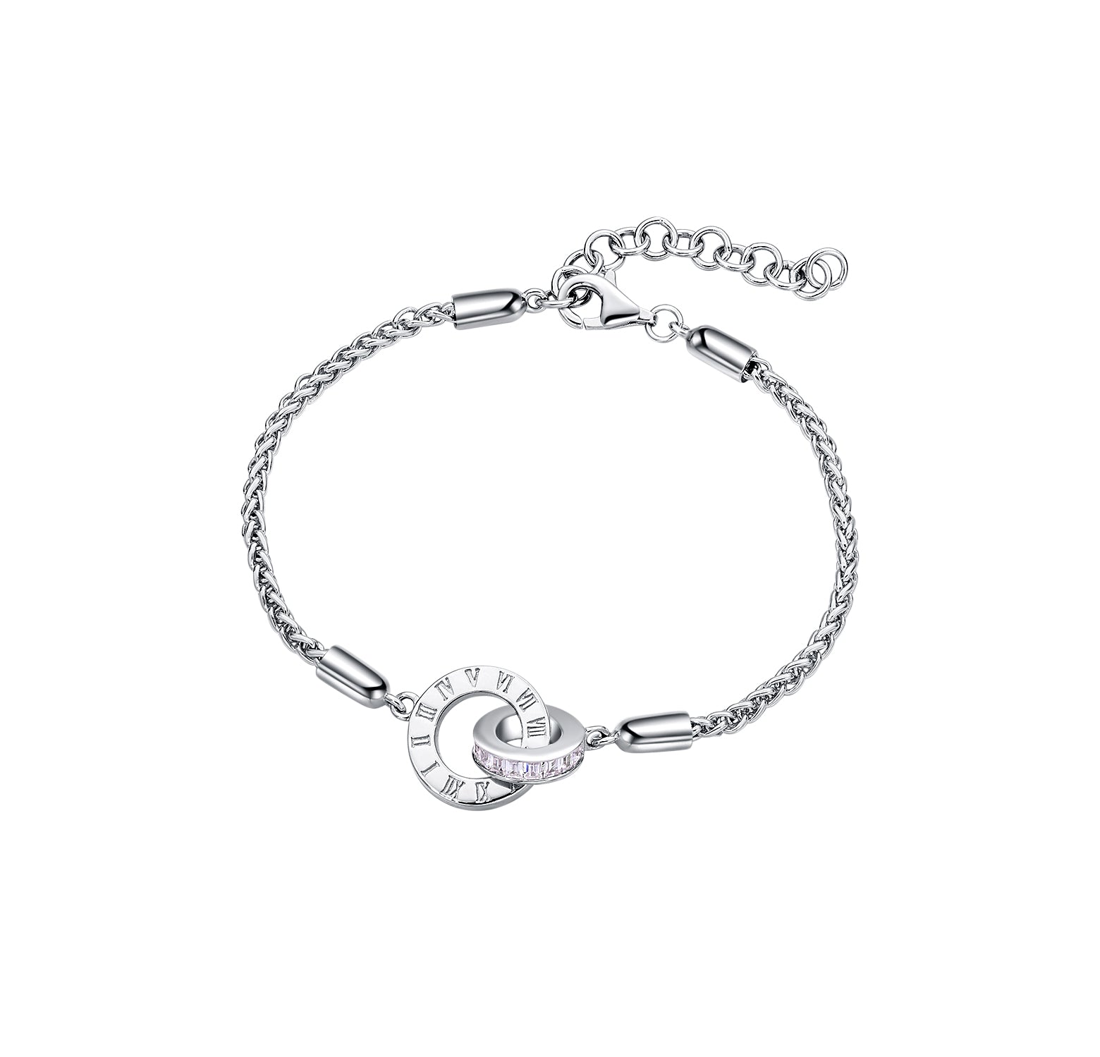 FANCIME "Roman Time" Interlocking Circle Couples Sterling Silver Wheat Chain Bracelets