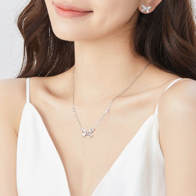 FANCIME "Azura" Sterling Silver Cut CZ Stones Butterfly Necklace White Model Show