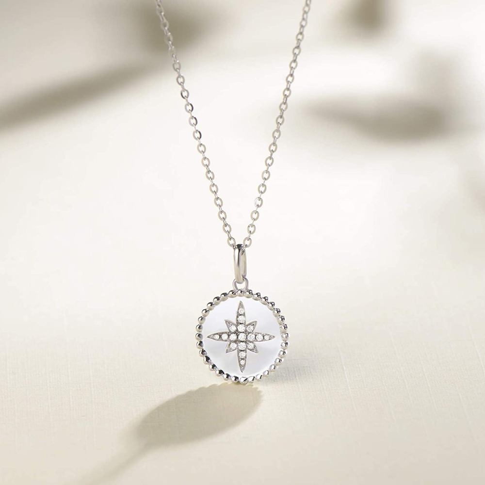 FANCIME Celestial North Star Round Disc Coin 14K Solid Gold Necklace Detail