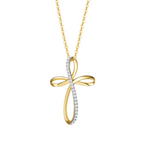 Ribbon design cross necklace in yellow gold paved with white diamonds