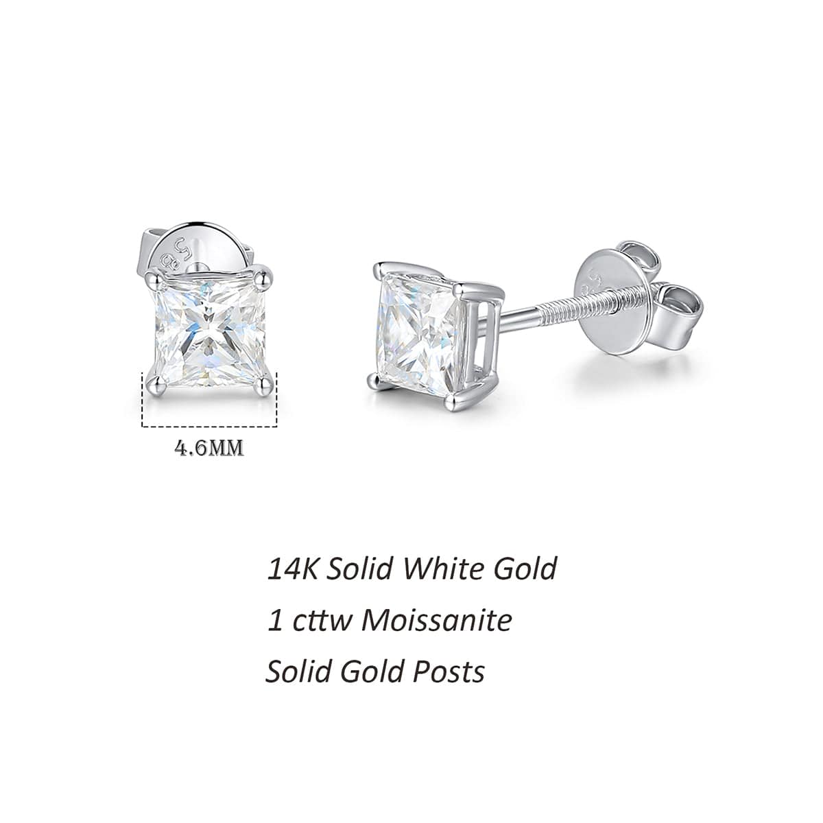 FANCIME Princess Cut Moissanite 14k White Gold Stud Earrings Size