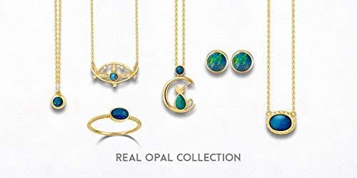 Natural Blue Fire Opal Dreamy Moon And Kitten Cat 18K Solid Yellow Gold Diamond Pendant Necklace - FANCI ME