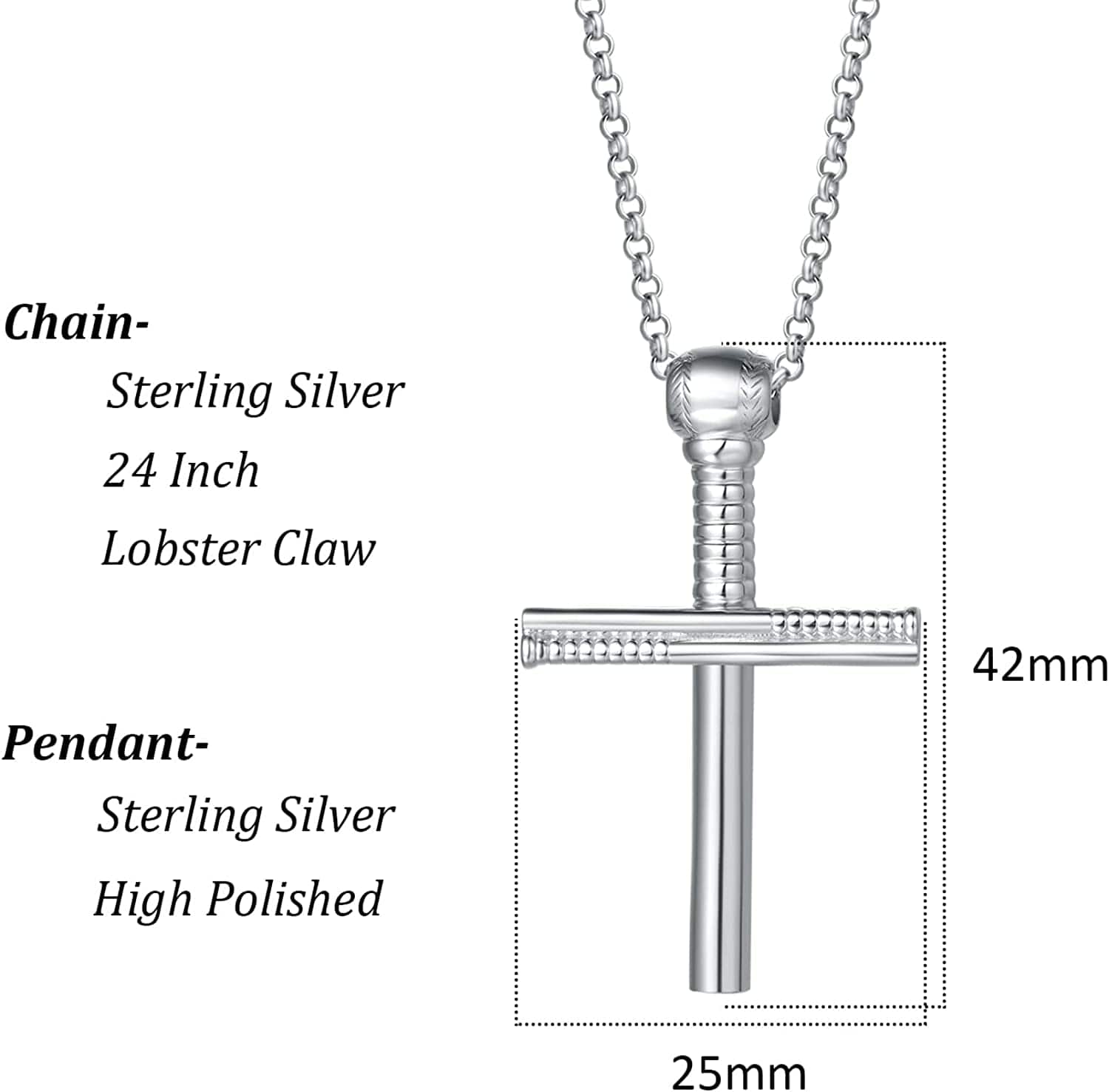 FANCIME Baseball Inspired Mens Cross Sterling Silver Necklace Size