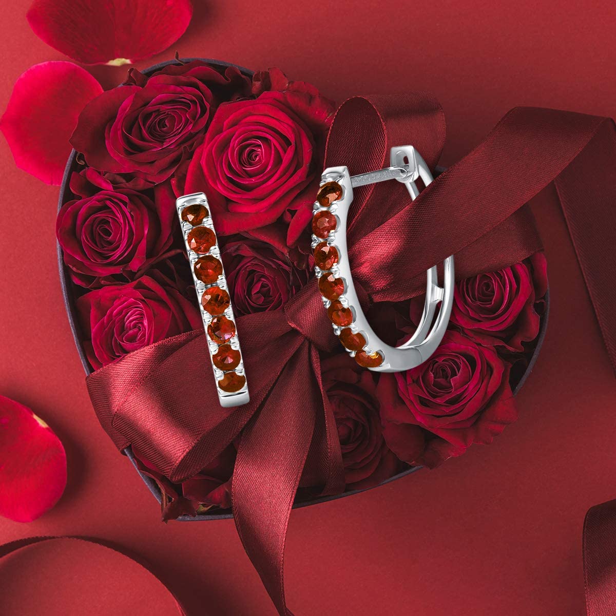 FANCIME Red Garnet 14K White Gold Hoop Earrings Show