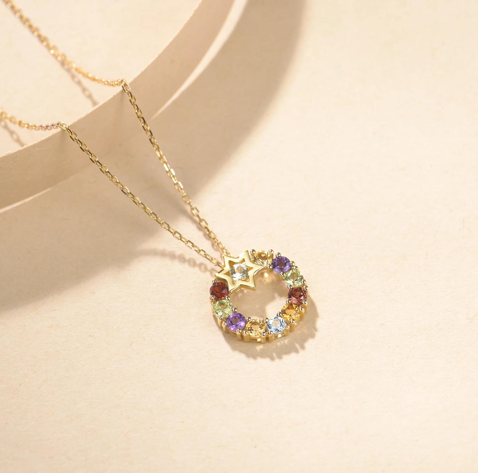 FANCIME "Starry Circle" Multi Gemstone Round 14K Yellow Gold Necklace Detail