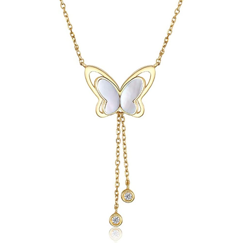 FANCIME "Twinkling Fairy Pearl" Butterfly Drop Dangling 14K Yellow Gold Necklace Main